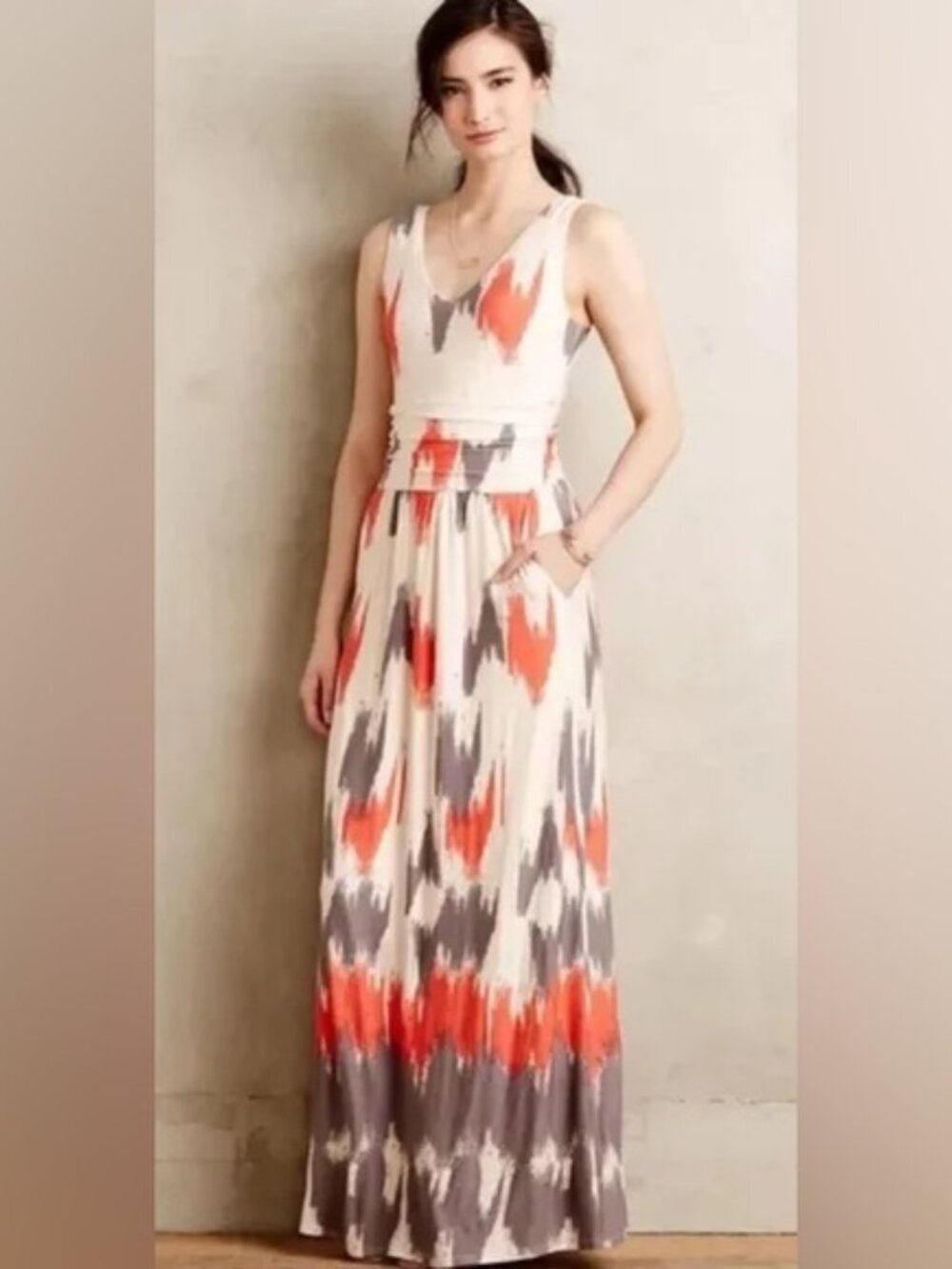 Anthropologie Maeve Sabine Maxi Dress Cream Gray Patterned Small Women's